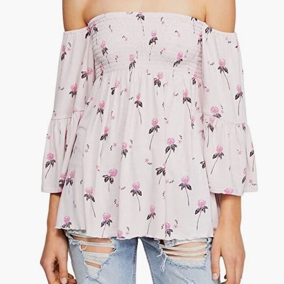 Free People Lana Off The Shoulder Boho Floral Top in Cloud Berry - Picture 3 of 8